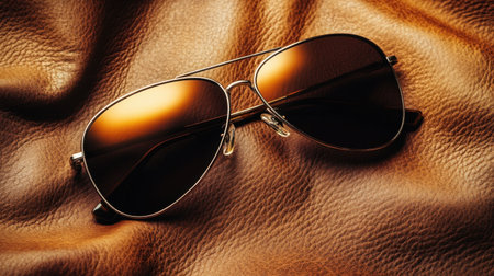An appealing close-up of aviator sunglasses placed on a rich brown leather background, creating a stylish and sophisticated atmosphere suitable for fashion-themed projects.の素材