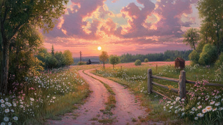 A stunning sunset scene capturing a winding dirt path through vibrant wildflowers, framed by lush trees under a dramatic sky full of colorful clouds.の素材