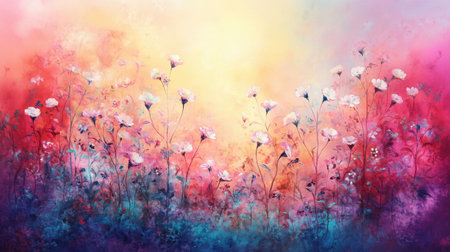 This stunning artwork features a vibrant floral landscape with abstract elements, combining delicate flowers in soft pastel shades against a colorful backdrop.の素材