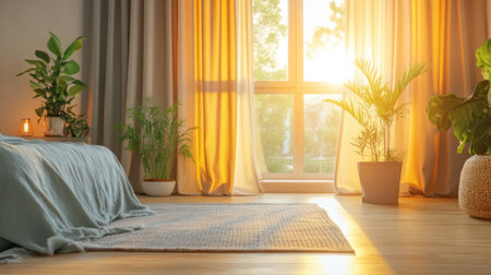 A serene bedroom setting featuring warm sunlight streaming through large windows, complemented by vibrant indoor plants and soft furnishings, creating a cozy atmosphere.の素材