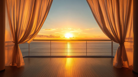 A picturesque sunset view seen through elegantly draped curtains on a balcony, showcasing the serene beauty of the ocean and sky during golden hour.の素材