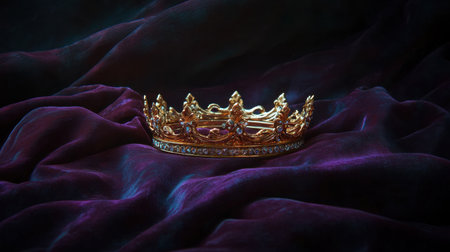 A stunning golden crown adorned with sparkling jewels, delicately placed on luxurious purple silk fabric, representing royalty and elegance in artful design.の素材
