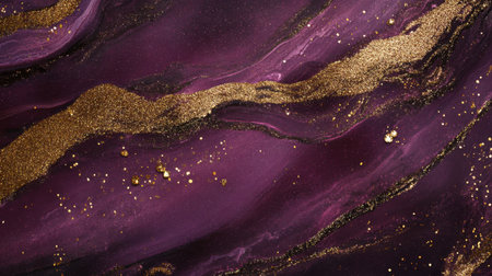Stunning abstract background featuring fluid patterns in rich purple hues accented by shimmering gold elements, perfect for elegant design projects.の素材