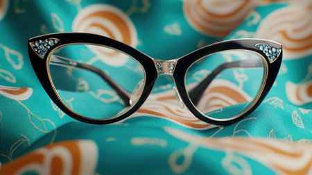 Captivating cat-eye glasses featuring blue accents beautifully arranged on a vibrant patterned fabric, showcasing unique design elements and elegance.の素材