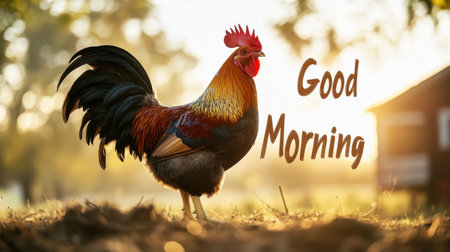 A majestic rooster stands proud amidst a tranquil farm sunrise, showcasing its vibrant plumage. The soft morning light creates a warm, inviting atmosphere, perfect for inspiring new beginnings.の素材