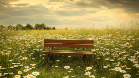 A peaceful wooden bench rests amidst a field of blooming daisies, bathed in the warm glow of a sunset, creating a tranquil natural landscape.の素材
