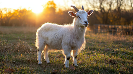 A delightful white goat stands confidently in a grassy field, bathed in the warm glow of a sunset. The tranquil scene captures nature's serenity.の素材