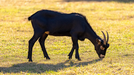 A black goat enjoying a meal in a sunlit green field. The scene captures the essence of peaceful rural life, with natural beauty and tranquility.の素材