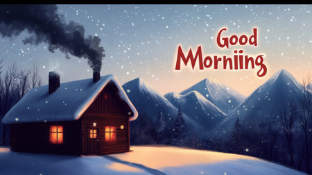 A charming winter scene featuring a rustic cabin in a snowy landscape, embraced by majestic mountains and a playful "Good Morning" message.の素材