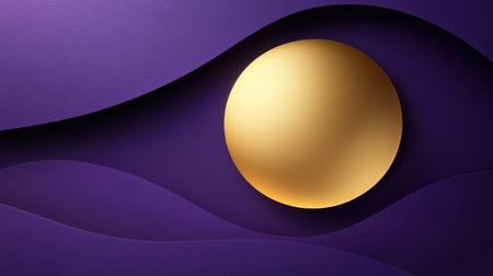 This abstract image features smooth purple curves surrounding a golden orb at the center, creating a harmonious and elegant composition suitable for modern design applications.の素材