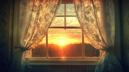 A peaceful view of a sunset through delicate lace curtains, casting warm light and creating a serene ambiance that invites tranquility and reflection.の素材