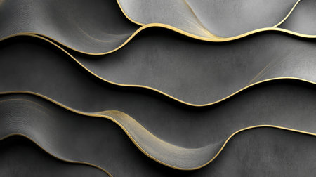 This image features an elegant modern background with wavy lines and golden edges, creating a sophisticated and artistic texture on a dark surface.の素材