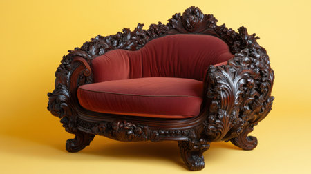 A stunning Victorian-style armchair showcasing intricate wood carvings and rich red upholstery, set against a striking yellow background, perfect for stylish interiors.の素材