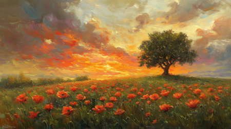 A stunning landscape artwork showcasing a vibrant sunset illuminating a field of red poppies, with a solitary tree standing gracefully against the dramatic sky.の素材