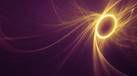 This abstract image features a glowing orb at its center surrounded by swirling patterns in vibrant purple and gold hues, representing energy and movement.の素材