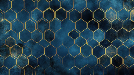 This stunning blue and gold hexagonal pattern features a unique and textured design, perfect for modern backgrounds and creative projects.の素材
