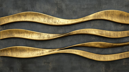 Stunning wave patterns in gold juxtaposed against a dark textured background, perfect for artistic projects, interior design, and modern decor inspiration.の素材