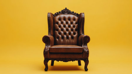 This image features an elegant vintage leather armchair with intricate details, set against a vibrant yellow background, perfect for home decor inspiration.の素材