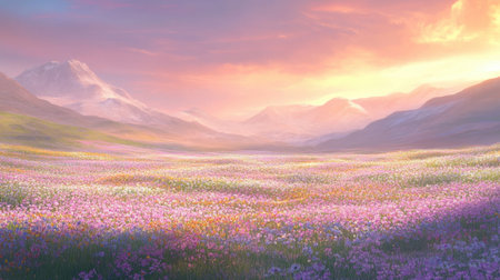 Experience a tranquil scene featuring a vibrant field of colorful flowers stretching towards majestic mountains under a stunning sunset sky.の素材