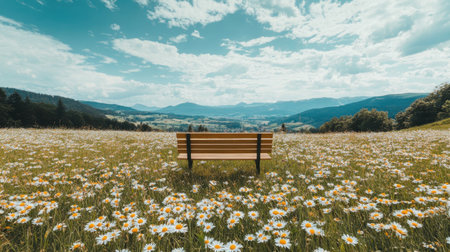 A serene and inviting wooden bench sits amid a lush meadow filled with vibrant wildflowers, framed by a picturesque landscape and bright blue sky.の素材