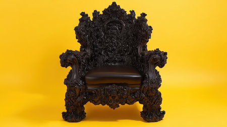 Captivating ornate black throne chair set against a vibrant yellow backdrop, showcasing exquisite craftsmanship perfect for unique interior decor.の素材