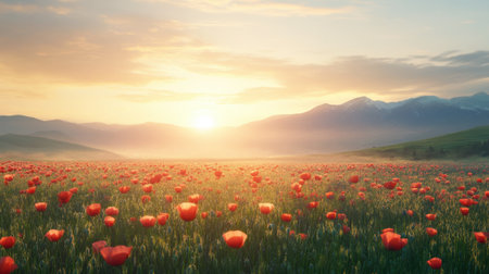 A breathtaking view of a vibrant field filled with red poppies under a stunning sunrise. Majestic mountains rise in the background, creating a serene atmosphere.の素材