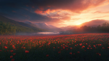 A breathtaking landscape featuring a lush poppy field at sunset, framed by majestic mountains and a colorful sky that evokes a sense of peace and beauty.の素材