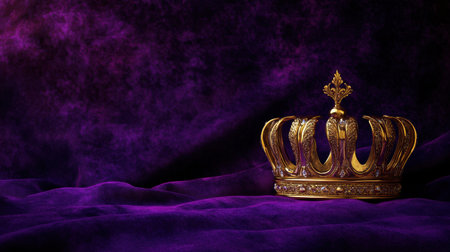 This stunning image showcases a golden crown resting gracefully on a rich purple velvet background, ideal for themes of royalty and luxury.の素材