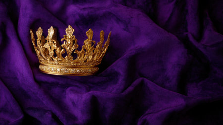 A stunning golden crown gracefully rests on a rich purple velvet fabric, symbolizing royalty and elegance. Perfect for themes of beauty and pageantry.の素材