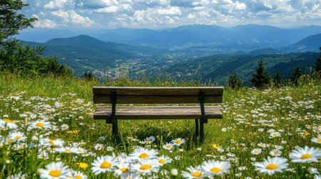 A picturesque scene featuring a wooden bench amidst vibrant daisies and rolling green hills, inviting moments of reflection and serenity in nature.の素材
