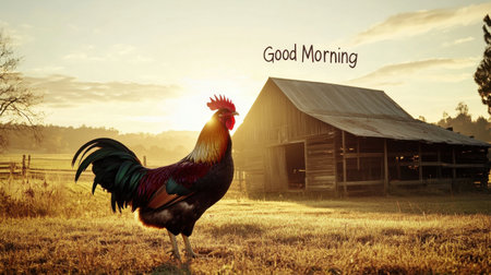 A vivid rooster stands proudly in the early morning light, with a rustic barn in the background, capturing the essence of rural life and new beginnings.の素材