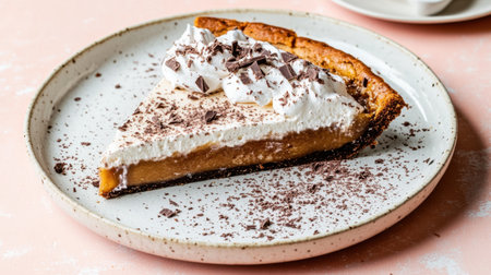 A tempting slice of chocolate cream pie topped with fluffy whipped cream and chocolate shavings, served on a stylish plate. Perfect for dessert lovers!の素材