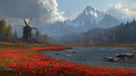 This captivating landscape showcases a rustic windmill surrounded by vibrant flowers, serene water, majestic mountains, and a dramatic sky.の素材