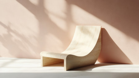 A stylish minimalist wooden chair rests against a soft pastel pink wall, illuminated by warm sunlight that creates beautiful shadows, ideal for modern decor.の素材