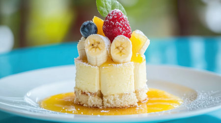 A tempting dessert showcasing a smooth cheesecake base adorned with a mix of fresh fruits and a drizzle of vibrant sauce, perfect for any occasion.の素材