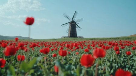 A picturesque windmill stands majestically amidst a lush field of vibrant red tulips, with a clear blue sky enhancing the tranquil rural landscape.の素材