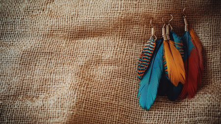 This image features an array of colorful feather earrings resting on a textured burlap surface, ideal for showcasing unique bohemian jewelry styles.の素材