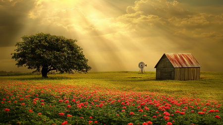 A stunning rural landscape featuring a vibrant flower field, an old barn, and a windmill under soft sunlight rays. The scene evokes tranquility and beauty.の素材