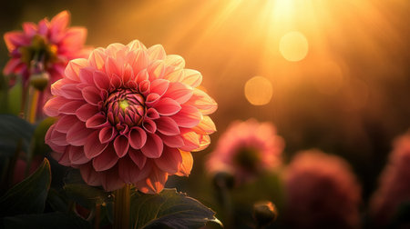 A stunning close-up of a pink dahlia bloom captures the enchanting moment of sunset with soft golden rays illuminating the petals.の素材