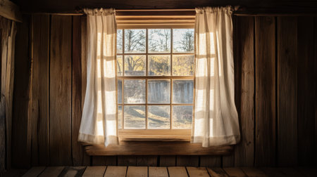 A serene view through a rustic cabin window, featuring soft curtains and warm wooden surroundings, inviting natural light into a tranquil space.の素材
