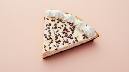 A delightful slice of creamy cake topped with whipped cream and chocolate chips, set against a soft pink background, perfect for dessert lovers.の素材