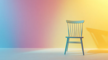 A stylish wooden chair stands alone against a vibrant gradient wall, creating a calm and modern atmosphere perfect for home decor.の素材