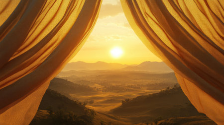 A beautiful sunrise fills the sky with warm colors, framed by flowing curtains. The serene landscape showcases rolling hills and distant mountains, inviting tranquility.の素材