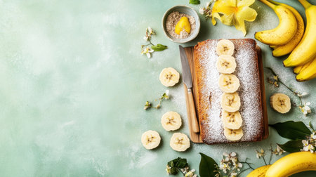 This vibrant image features a freshly baked banana cake adorned with banana slices and delicate flowers, set against a soft green background, evoking a sense of homemade warmth and deliciousness.の素材