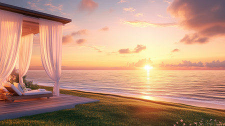A beautiful coastal sunset scene features a modern pavilion with flowing curtains, offering a tranquil view of the gently lapping ocean waves and vibrant sky.の素材