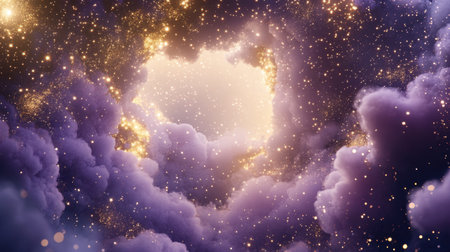 An enchanting cosmic scene featuring dramatic clouds illuminated by shimmering stars. This mesmerizing atmosphere evokes a sense of wonder and serenity.の素材