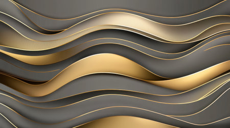 This abstract image features elegant flowing waves in gold and gray tones, creating a sophisticated design perfect for backgrounds and digital projects.の素材