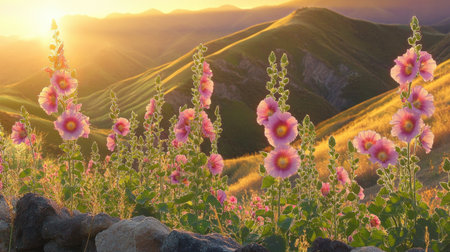 A stunning landscape featuring vibrant pink flowers set against rolling hills during a majestic sunset, showcasing the beauty of nature and tranquility.の素材