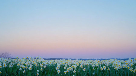 A breathtaking view of a field filled with white daffodils stretching under a beautifully soft pastel sky at sunset, creating a serene atmosphere.の素材