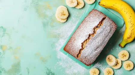 A beautifully presented loaf of banana bread dusted with powdered sugar, accompanied by fresh banana slices on a teal background, perfect for food lovers.の素材